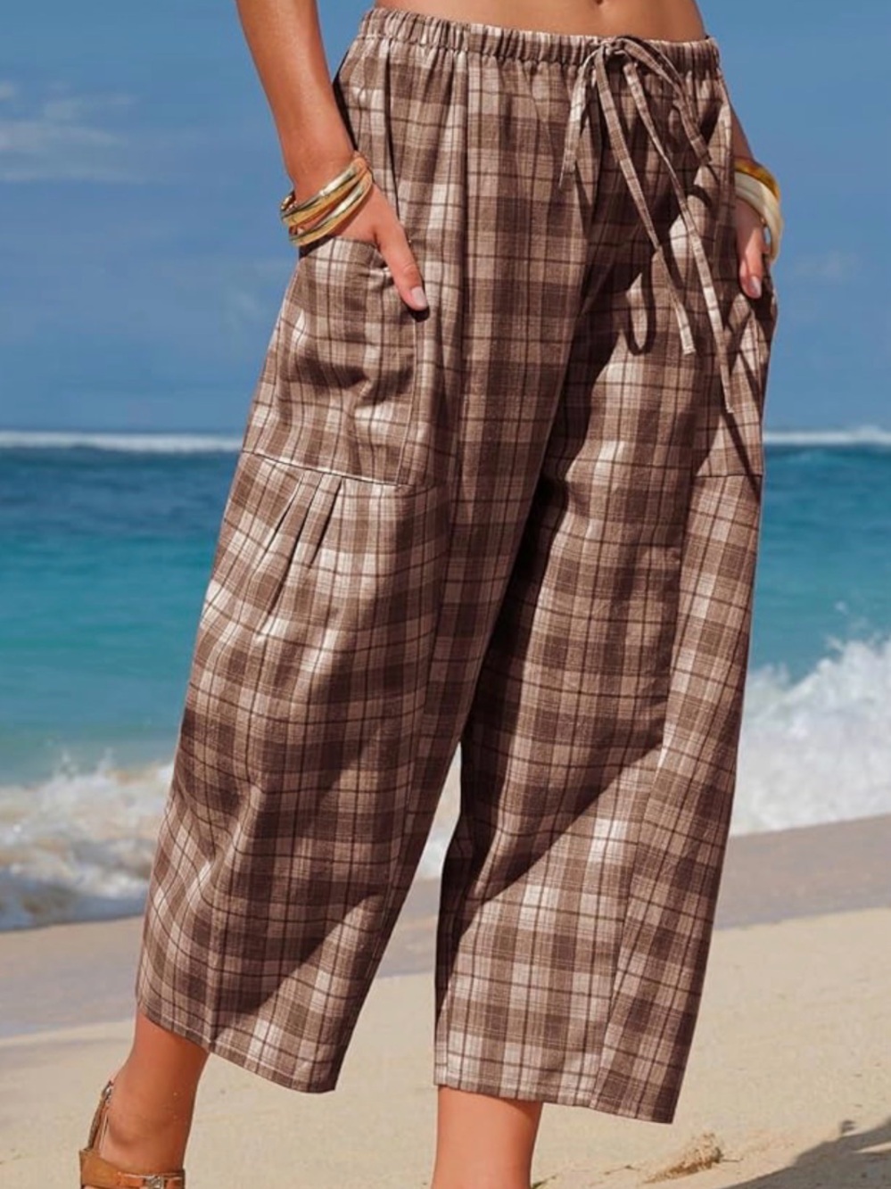 Plaid Brown Wide-Leg Barrel Cropped Pants with Drawstring Waist